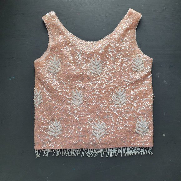 Vintage Tops - Vintage 1960's Fringe Beaded Sequined Peach Tank Top